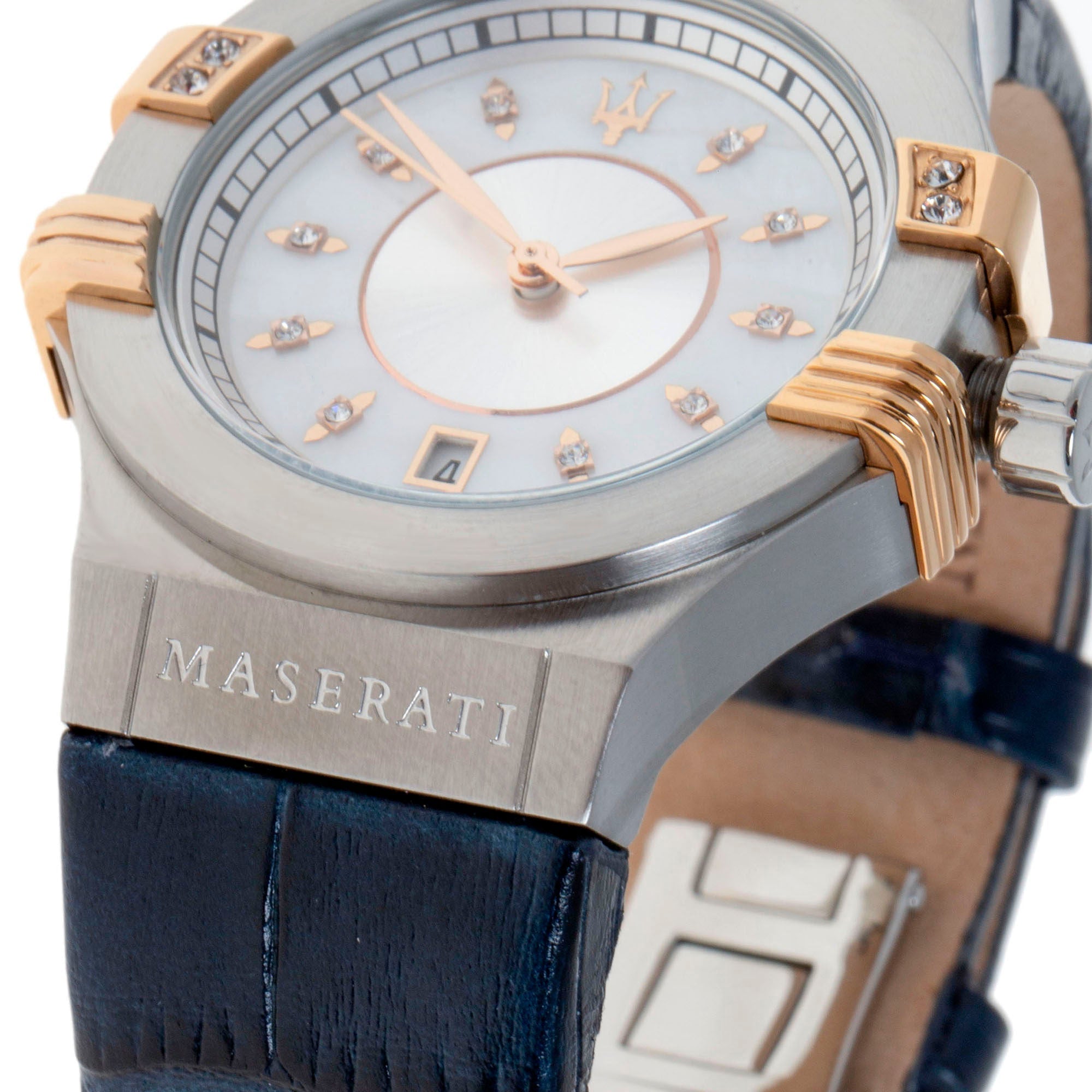 Maserati Potenza dial detail with silver surface, diamond hour markers, and rose gold hands