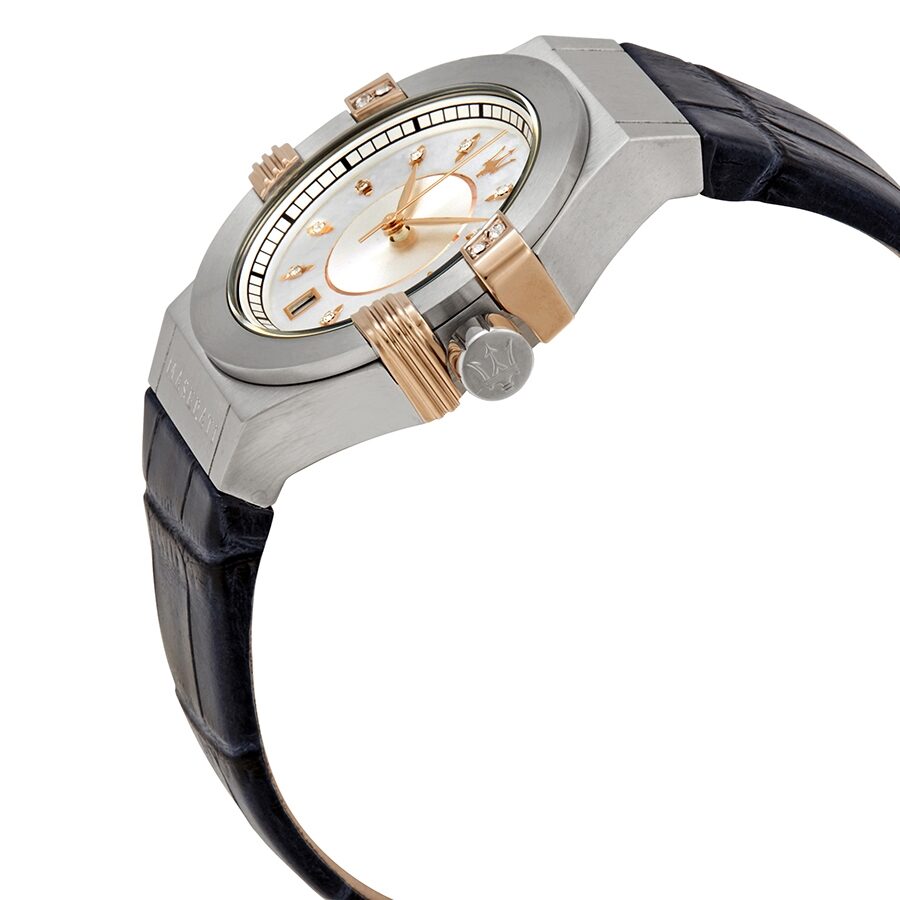 Side angle view of Maserati Potenza watch showing silver dial, rose gold hands, and navy leather strap