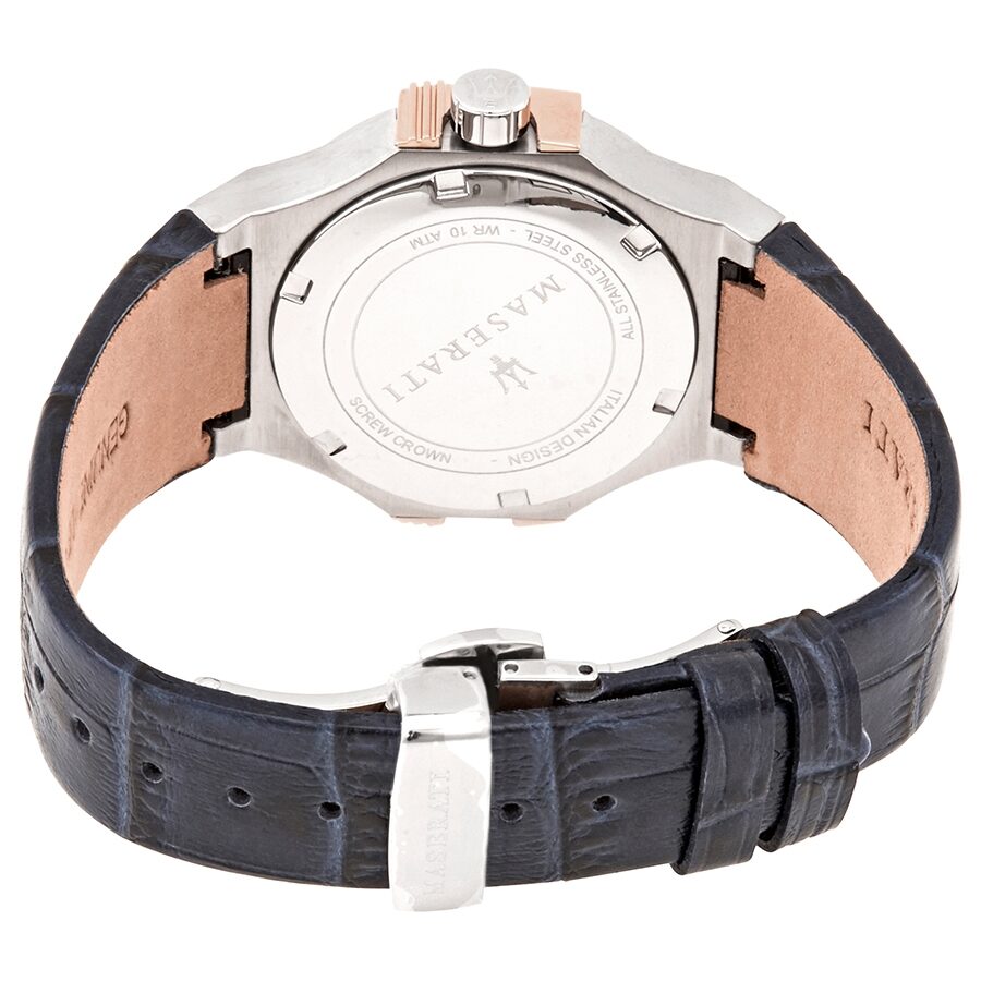 Maserati Potenza watch caseback showing Maserati branding and case details with navy leather strap