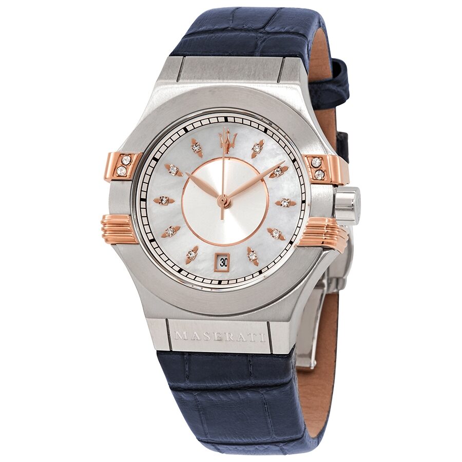 Maserati Potenza ladies watch with silver dial, two-tone case with rose gold accents, and navy leather strap