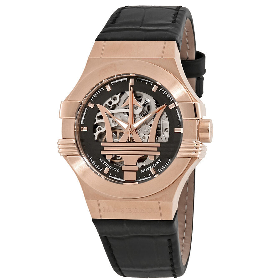 Maserati Potenza automatic watch with rose gold case and black skeleton dial