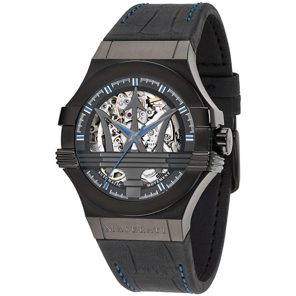 Maserati Potenza black skeleton dial men's watch with black leather strap and stainless steel case