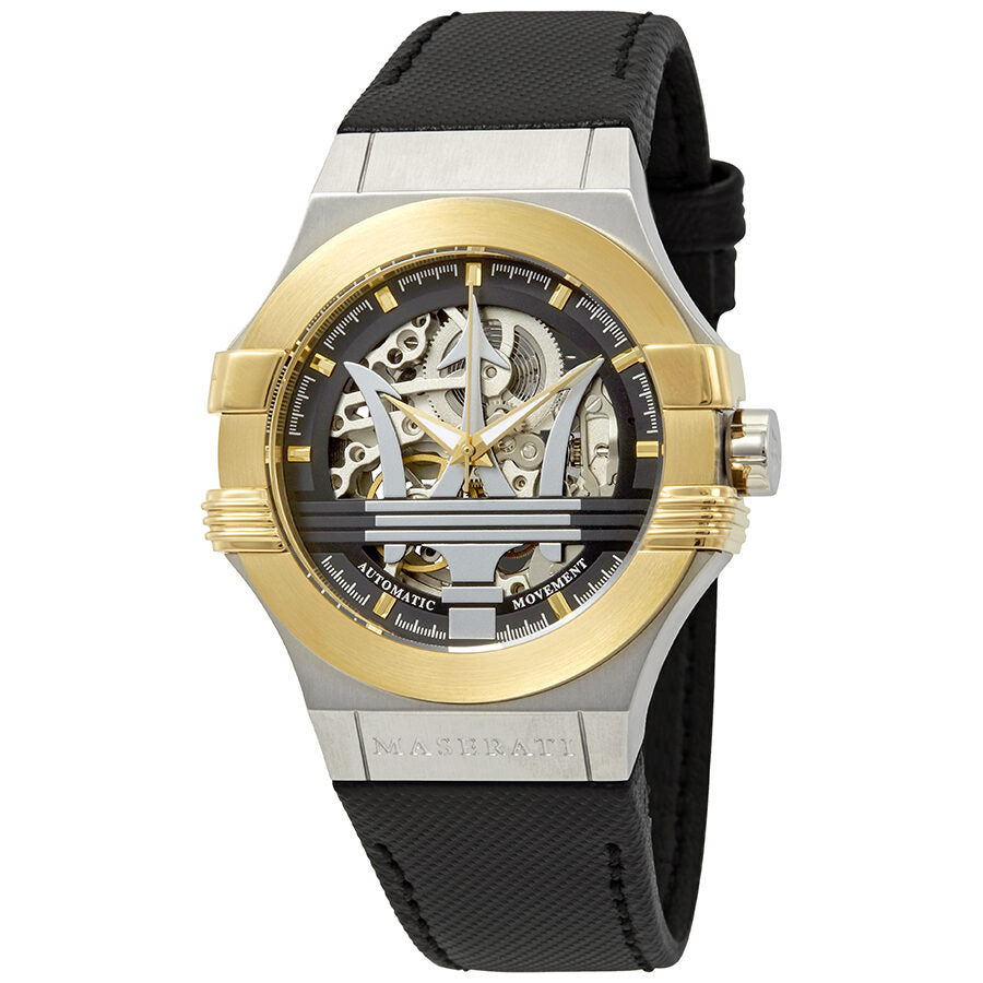 Maserati Potenza automatic skeleton dial men's watch with gold bezel and black rubber strap