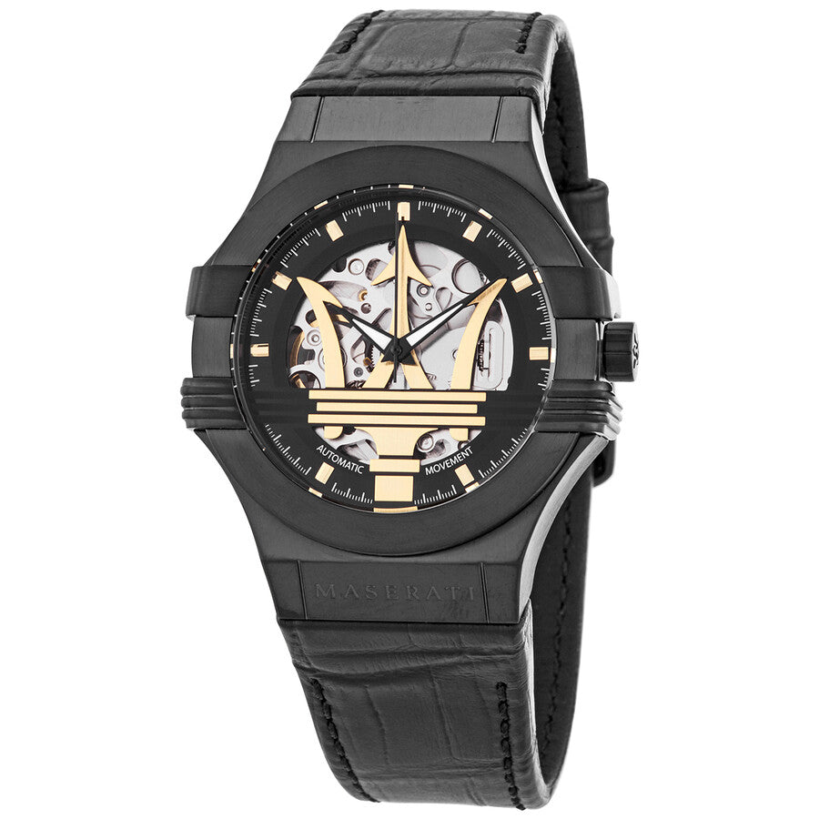 Maserati Potenza automatic men's watch with black case, skeleton dial, and gold movement visible