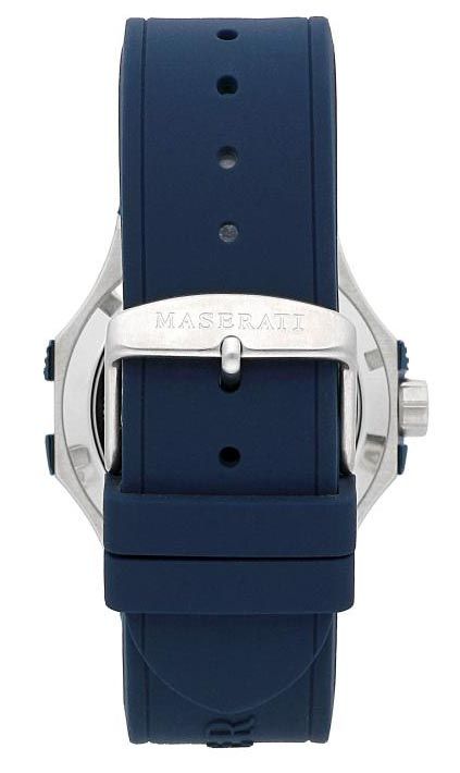 Back view of Maserati Potenza watch displaying blue rubber strap and case back