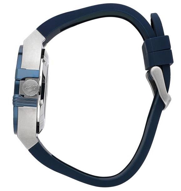 Side view of Maserati Potenza watch showing blue rubber strap and silver case profile