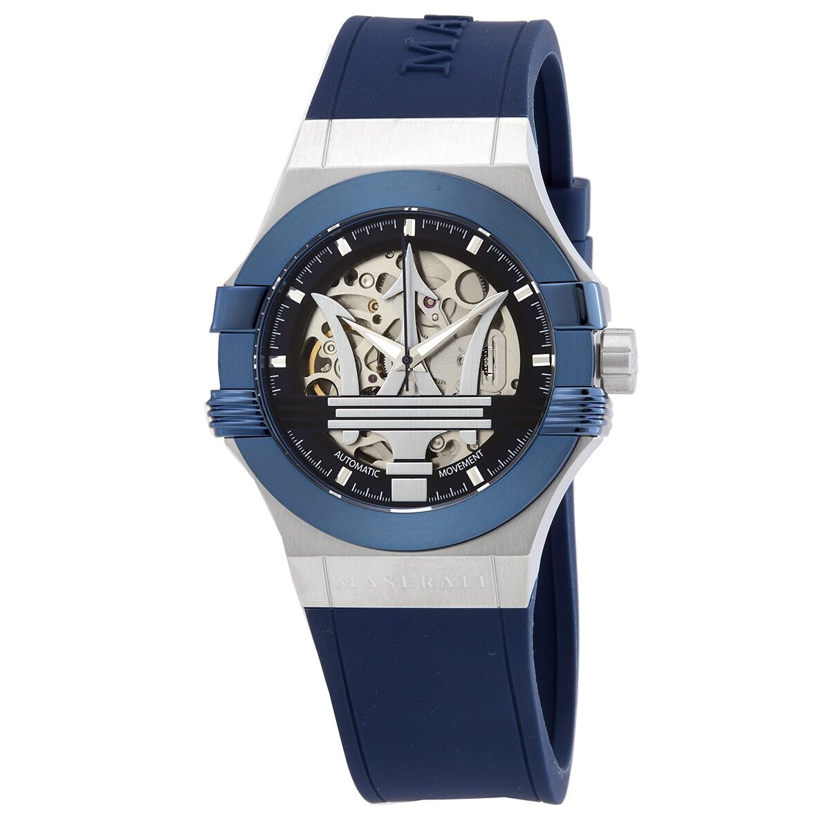 Maserati Potenza men's watch with blue and white case, skeleton dial, and navy strap