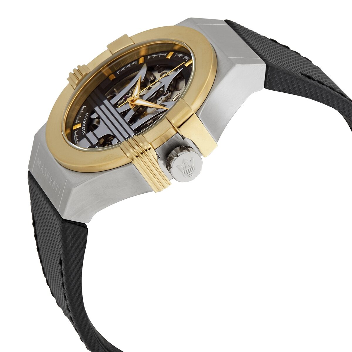 Side angle view of Maserati Potenza skeleton watch with gold bezel and steel case