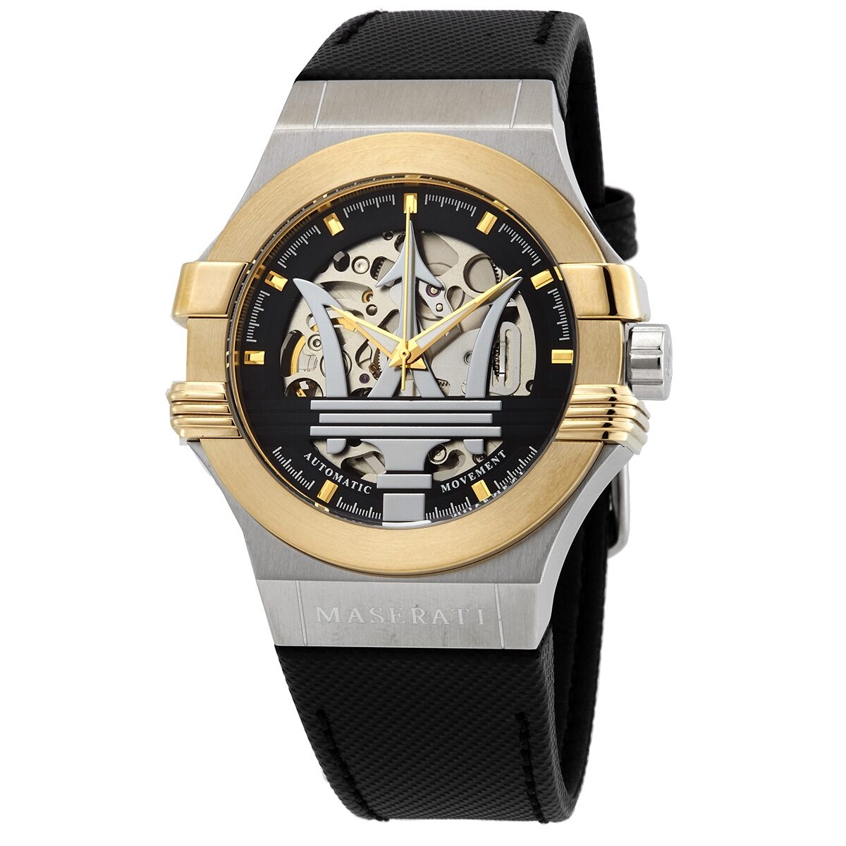 Maserati Potenza automatic skeleton dial watch with two-tone stainless steel case and black strap
