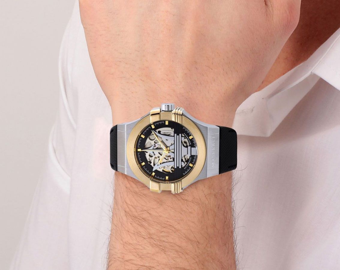 Maserati Potenza skeleton watch worn on wrist, showing skeleton dial and two-tone design