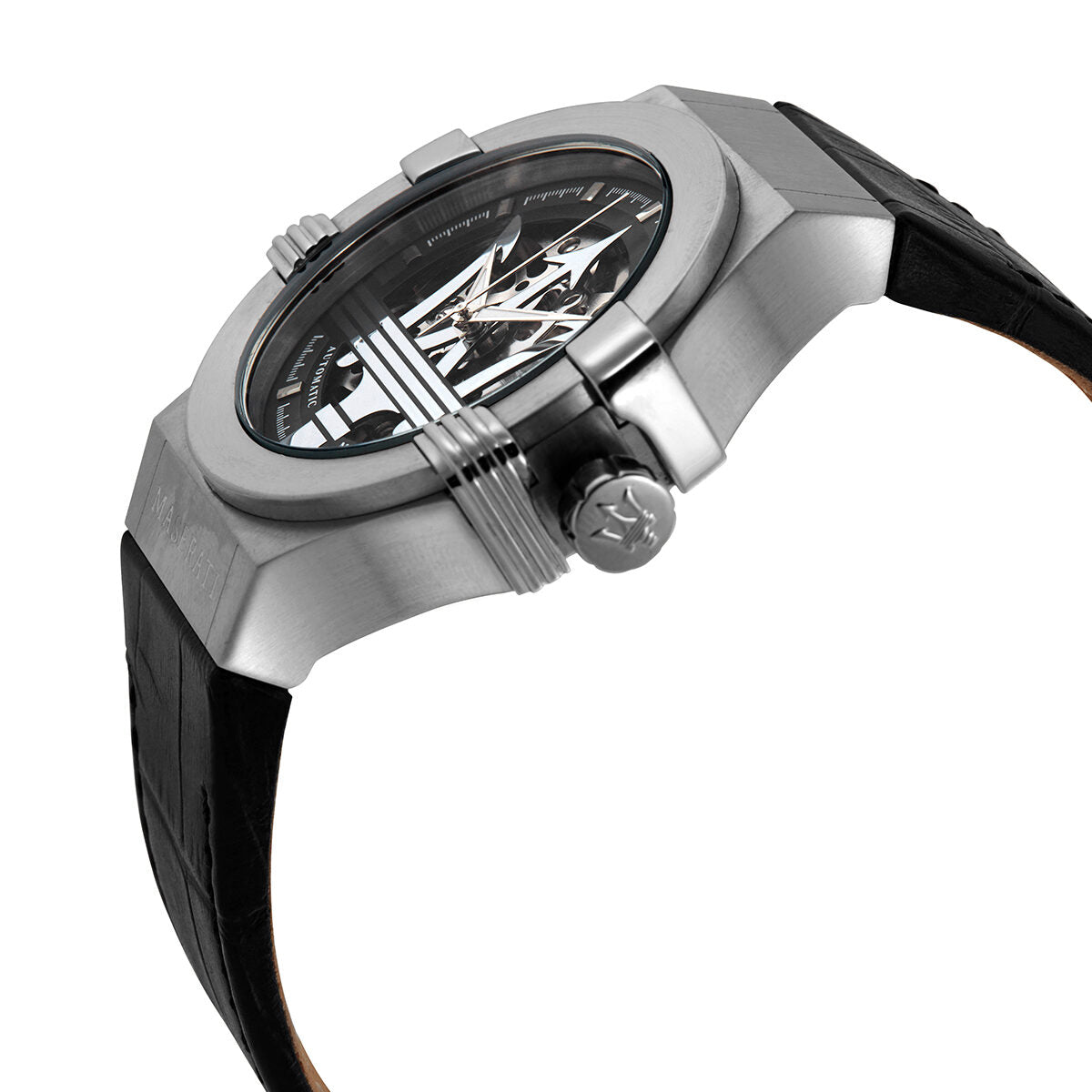 Maserati Potenza watch from side angle showing stainless steel case and skeleton movement