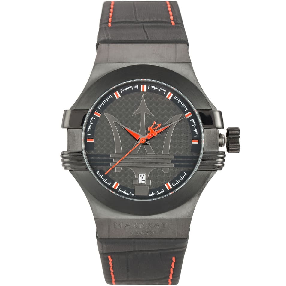 Maserati Potenza watch angled view showing black dial with Trident logo and red stitched leather strap