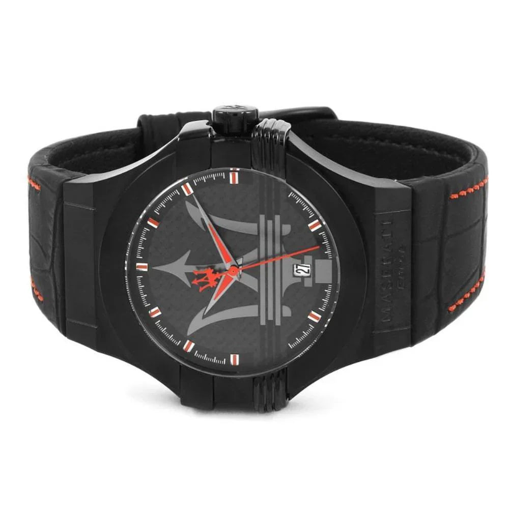 Maserati Potenza watch worn on wrist displaying full case and black leather strap