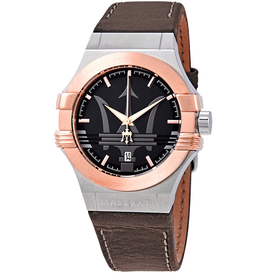 Maserati Potenza black dial watch with rose gold bezel and stainless steel case