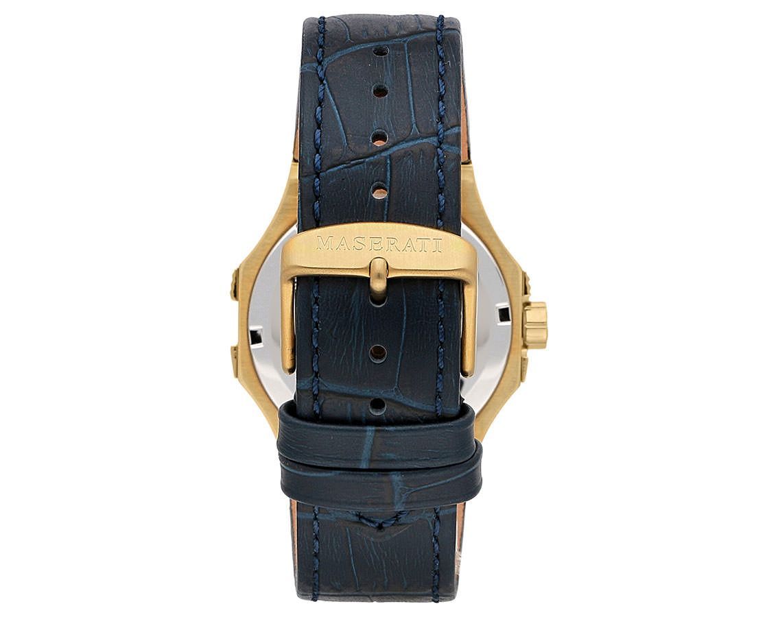 Maserati Potenza watch caseback view with blue crocodile-embossed leather strap