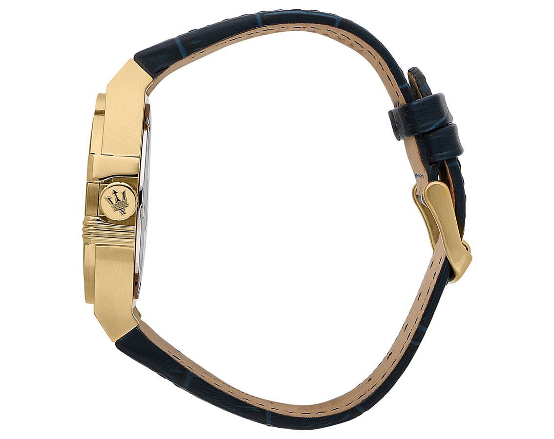 Maserati Potenza watch side view showing gold-tone case and blue leather strap