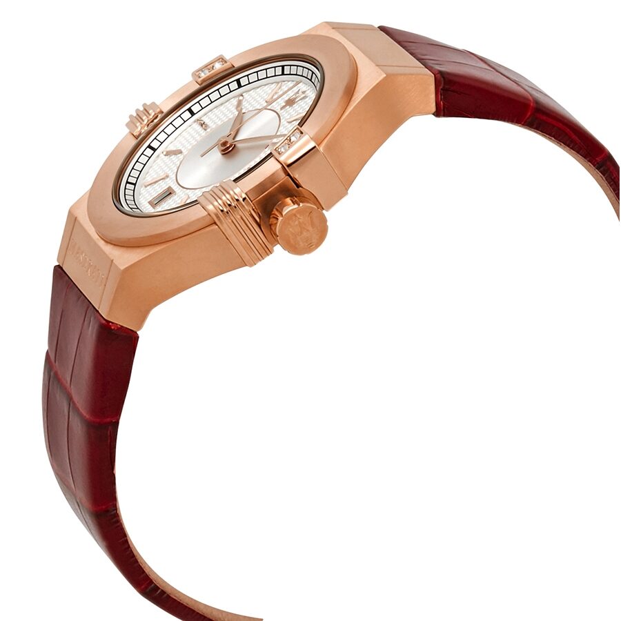 Maserati Potenza chronograph watch angled view showing rose gold case and burgundy leather strap