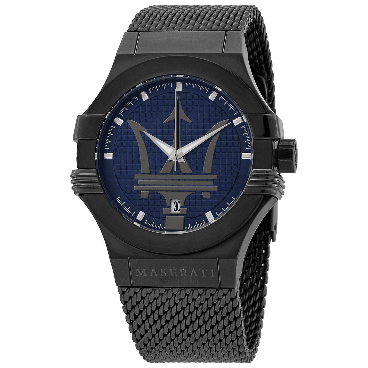 Maserati Potenza quartz watch with blue dial, black case, and mesh strap