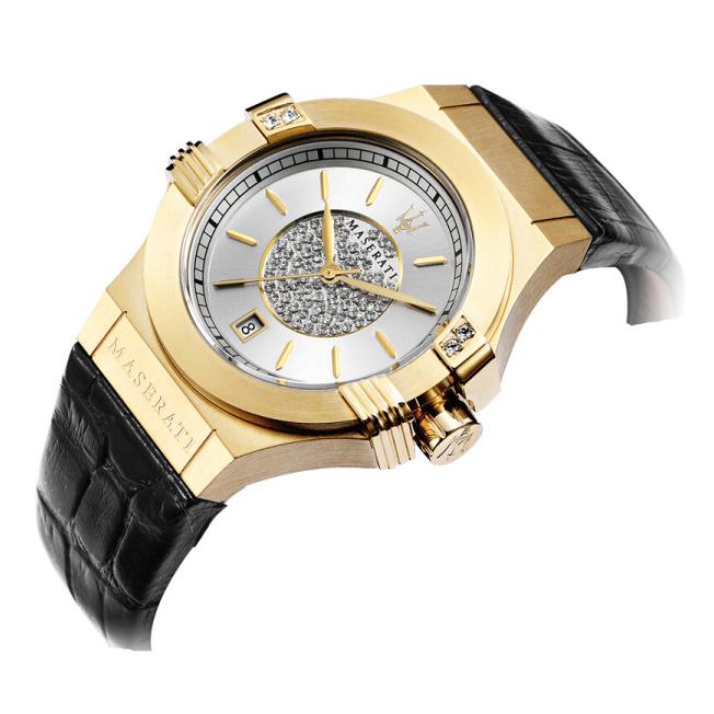 Angled view of Maserati Potenza watch showing gold case and silver dial with crystal indices