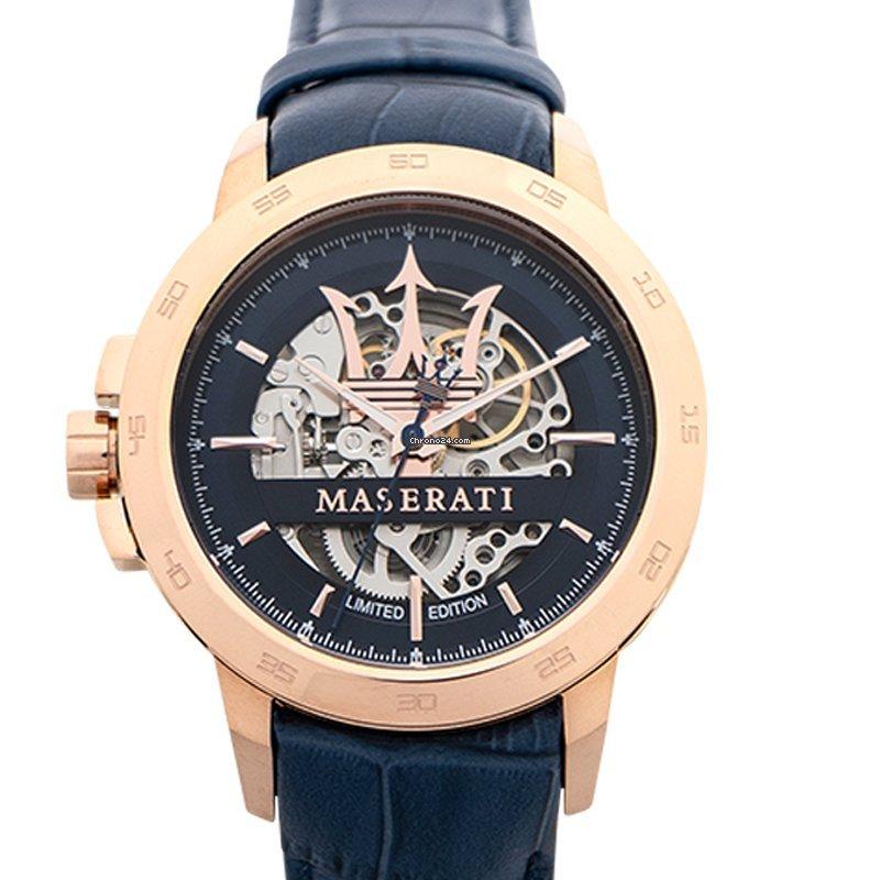 Maserati automatic watch with blue skeleton dial, rose gold case, and blue leather strap, front view