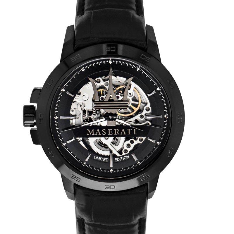 Maserati automatic watch with black dial showcasing exposed skeleton movement and Trident logo
