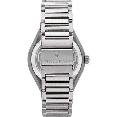 Caseback of Maserati Triconic automatic watch with stainless steel bracelet