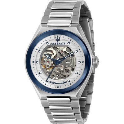 Maserati Triconic skeleton dial automatic watch with blue bezel and steel bracelet