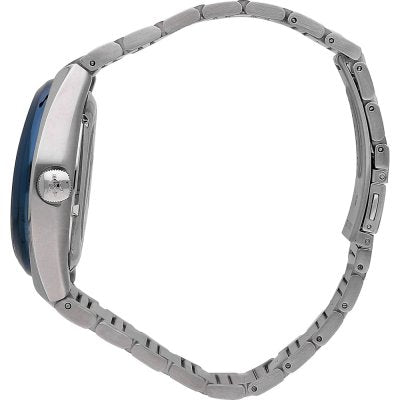Side view of Maserati Triconic watch showing blue bezel and steel bracelet