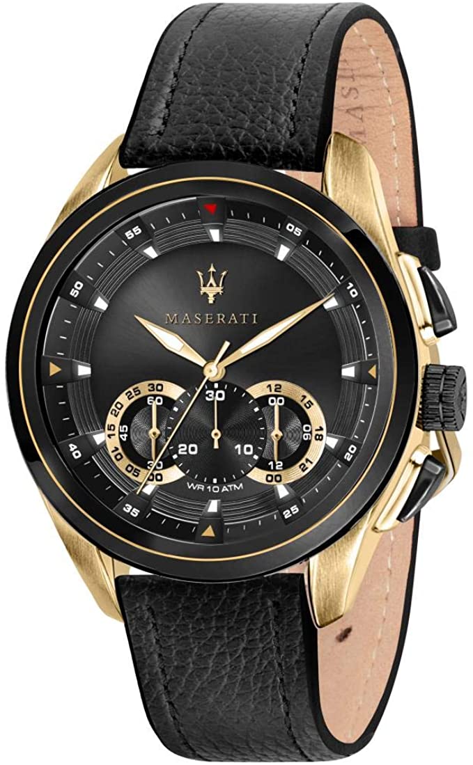 Maserati men's chronograph watch with black dial, gold-tone case, and black leather strap