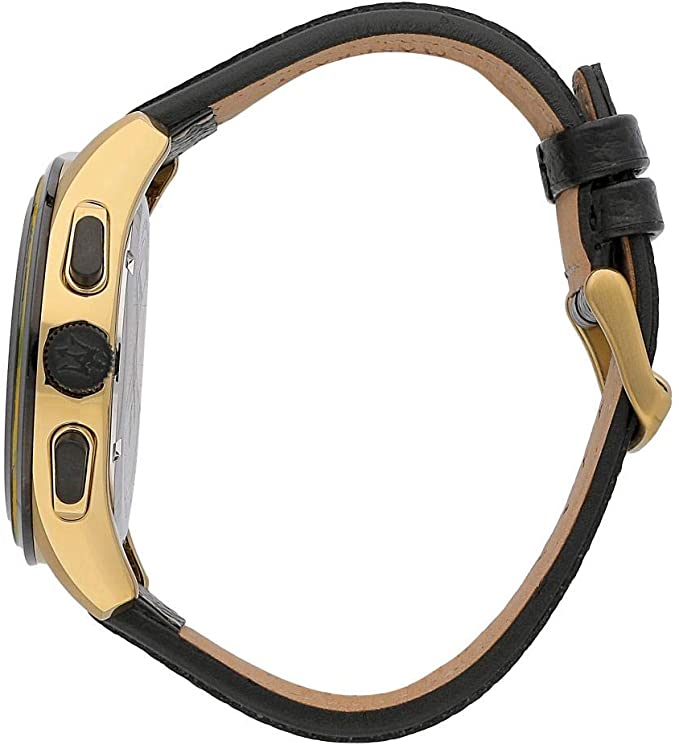 Side view of Maserati watch showing gold-tone case and black leather strap with buckle