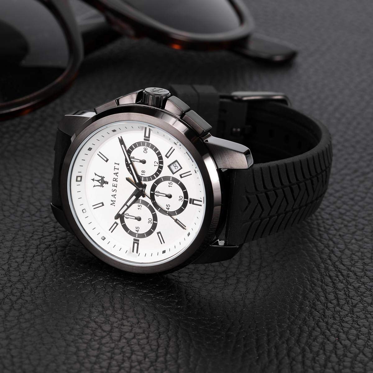 Maserati R8871621010 watch on textured surface showing dial and case details
