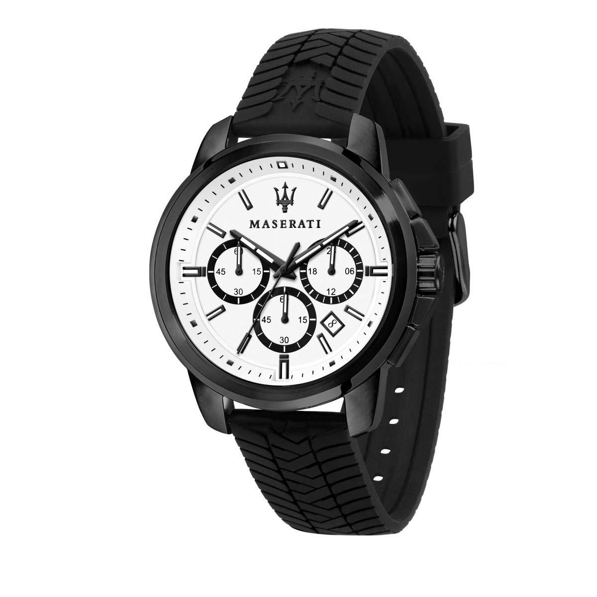 Maserati chronograph watch with white dial, black case, and black rubber strap