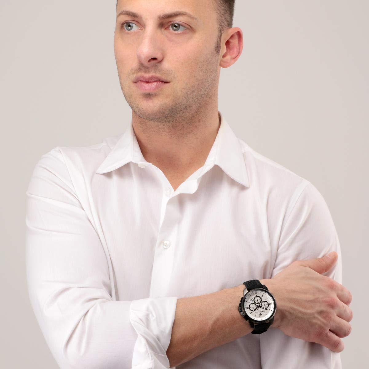 Maserati chronograph watch worn on wrist, white dial with black case