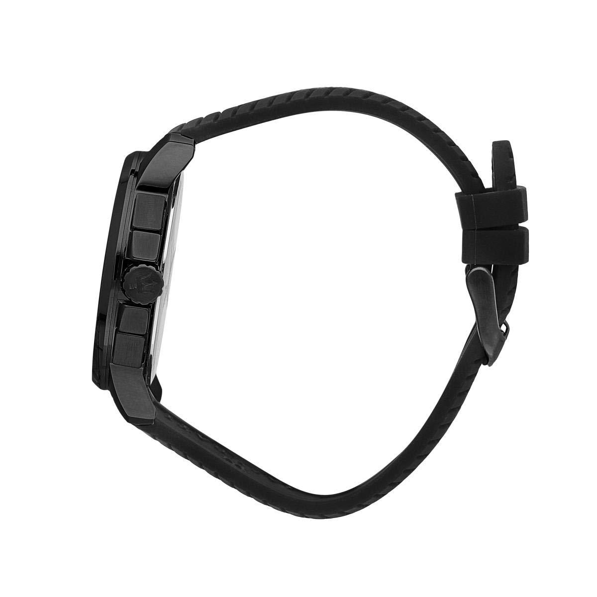 Side view of Maserati watch showing black rubber strap and case profile