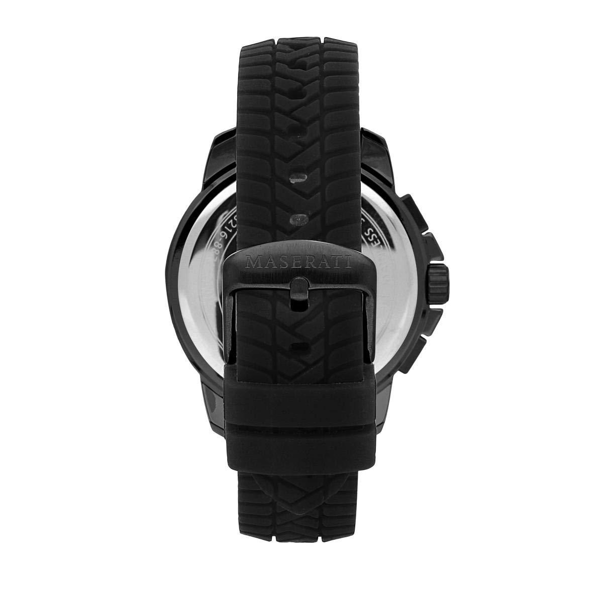 Caseback view of Maserati chronograph watch with black silicone strap