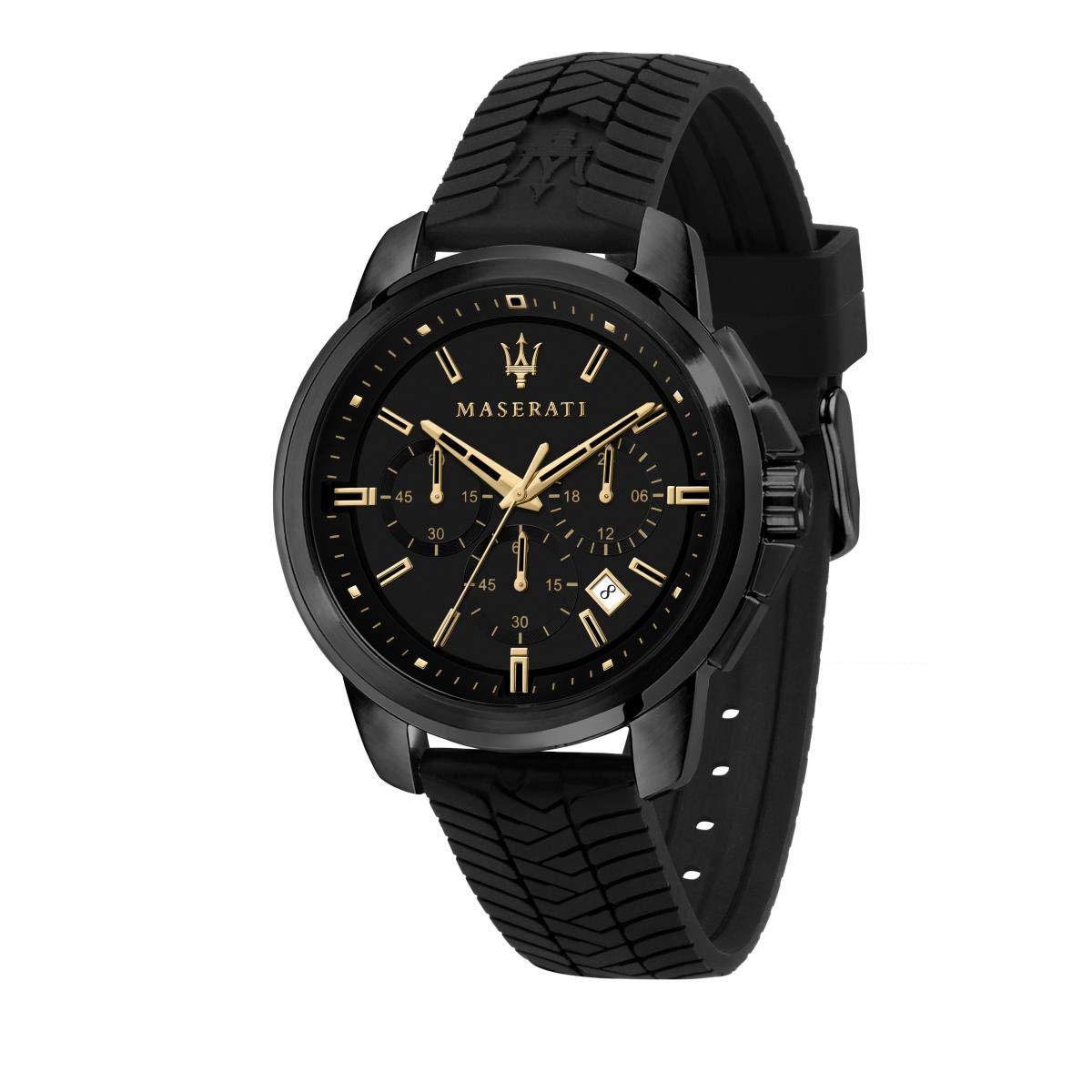 Maserati black chronograph watch with gold hour markers and silicone strap