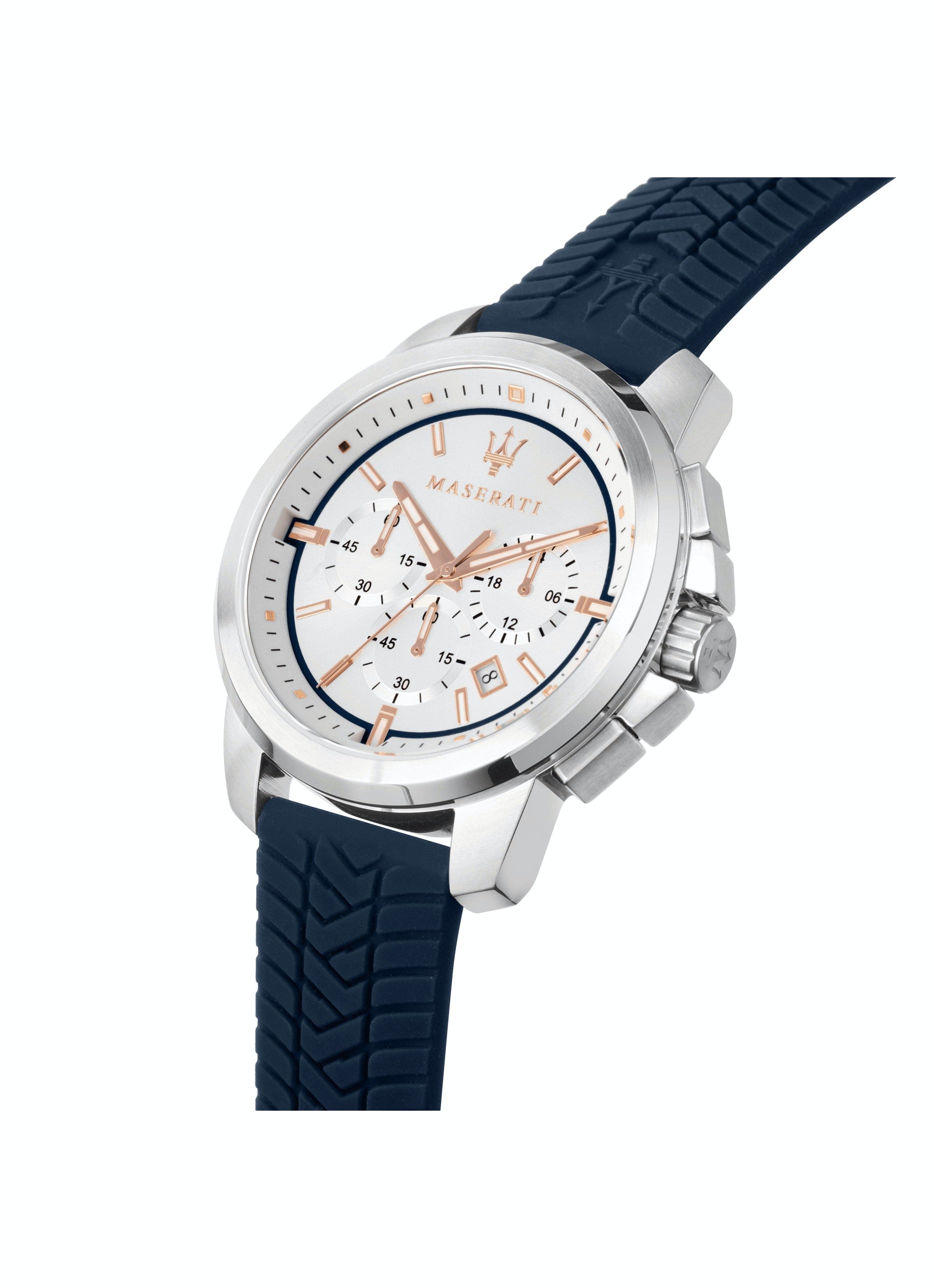 Angled side view of Maserati 44mm chronograph watch showing silver dial and blue rubber strap
