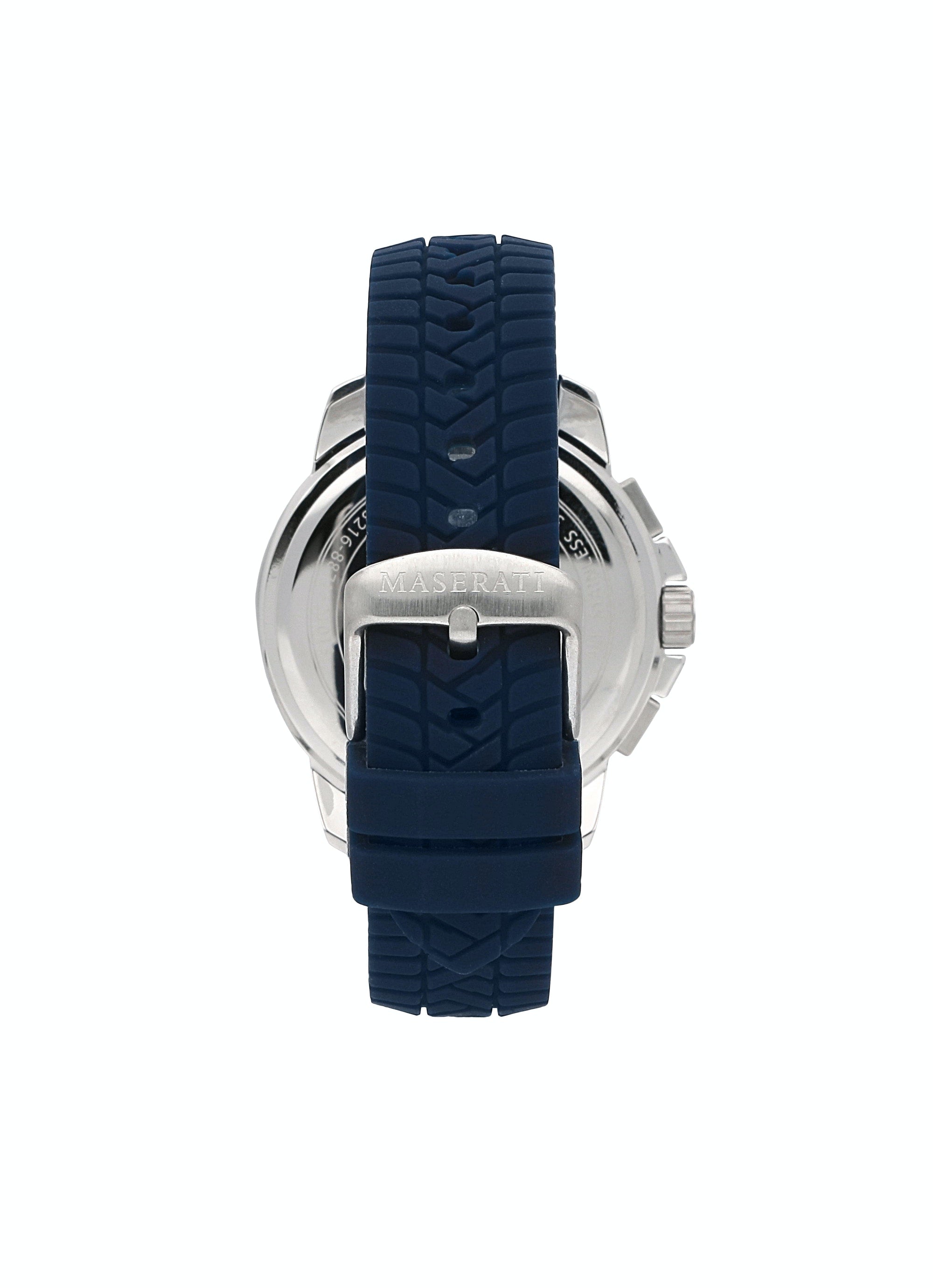 Caseback view of Maserati 44mm chronograph watch showing blue rubber strap attachment and steel case back