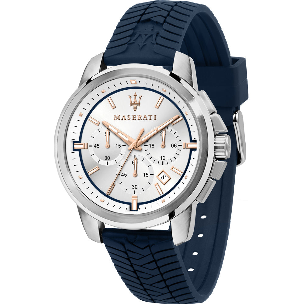 Maserati 44mm chronograph watch with silver dial, rose gold hands and indices, stainless steel case, blue rubber strap