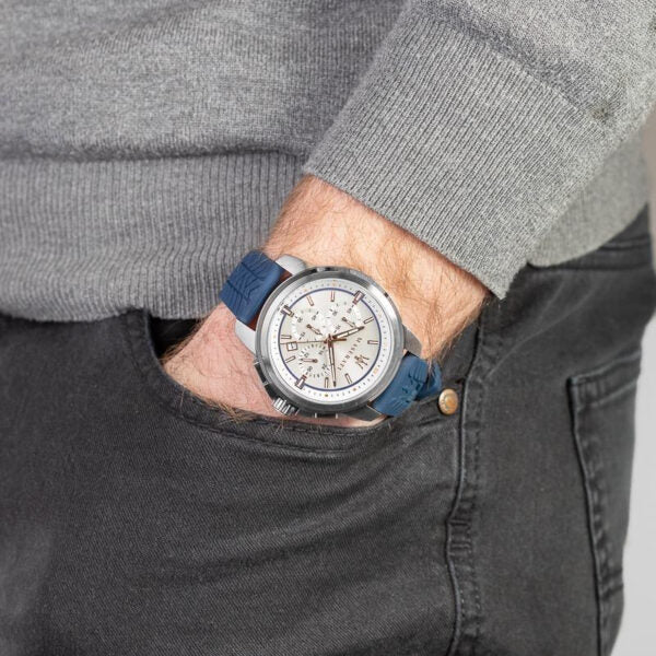 Maserati 44mm chronograph watch worn on wrist, silver dial with rose gold accents visible