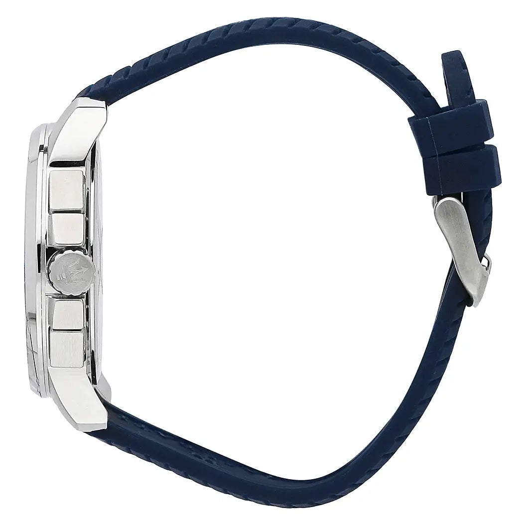 Side profile of Maserati 44mm chronograph watch showing stainless steel case, blue rubber strap, and deployment clasp