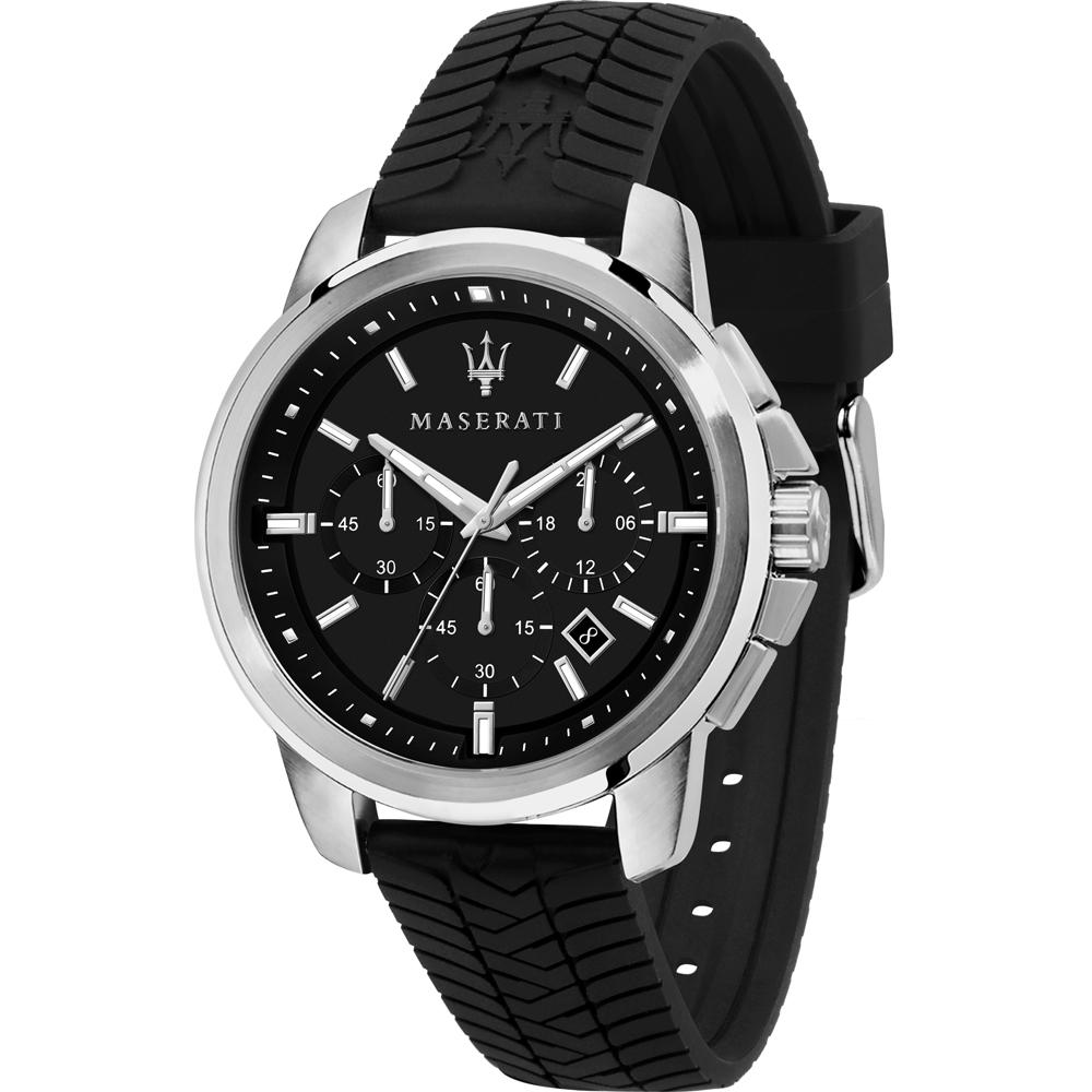 Maserati black dial chronograph watch with silver case and black silicone strap