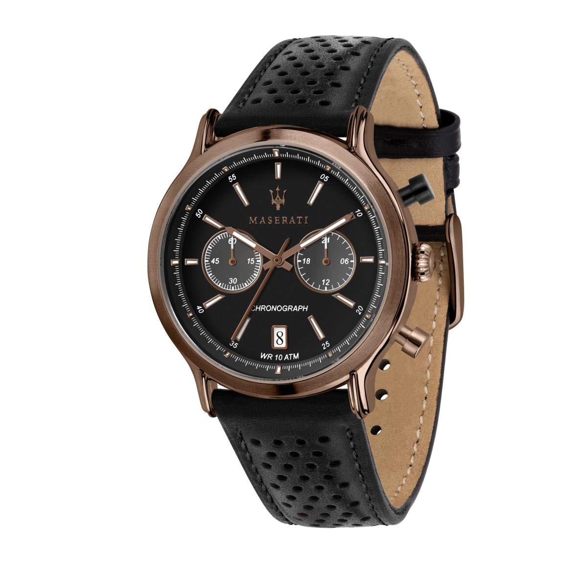Maserati chronograph watch with black dial, rose gold case, and black perforated leather strap