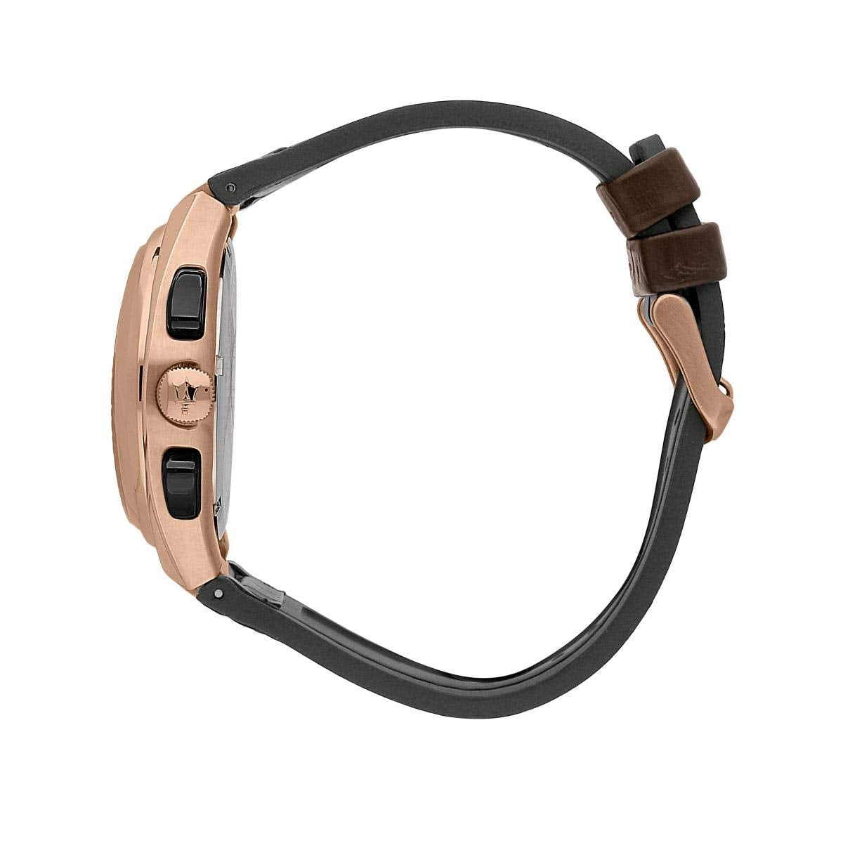 Maserati chronograph watch side profile with rose gold case and brown leather strap