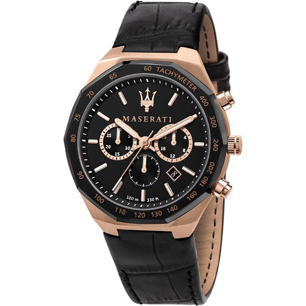 Maserati men's watch with black dial, rose gold case, chronograph subdials, black leather strap