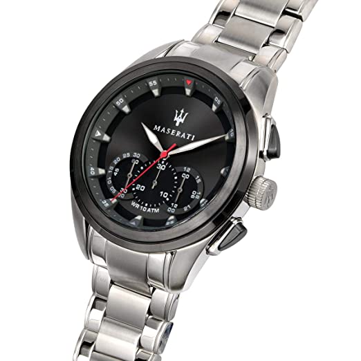 Angled view of Maserati men's watch with black dial and chronograph subdials