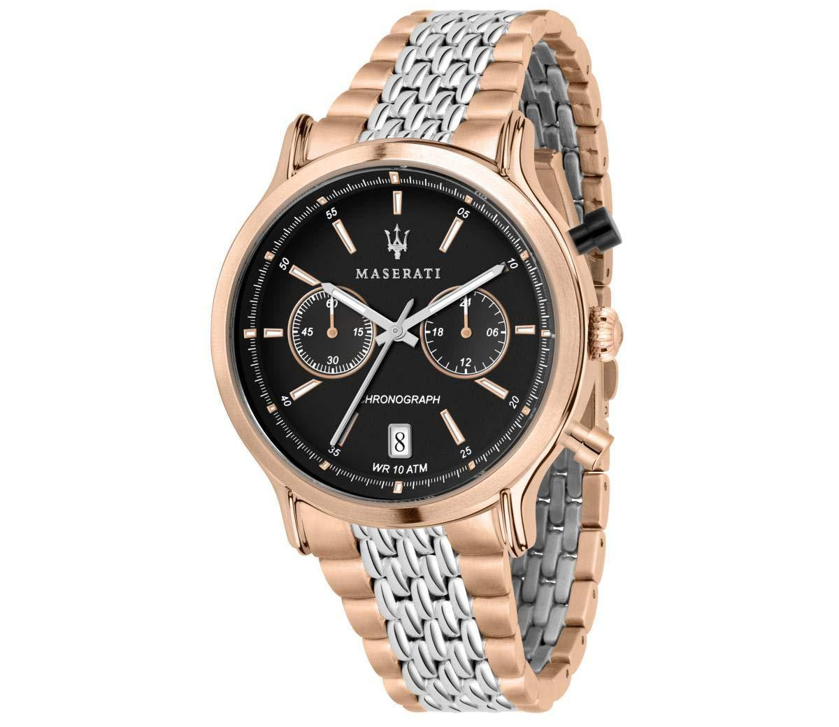 Maserati chronograph watch with black dial, rose gold and silver two-tone bracelet, displayed front view