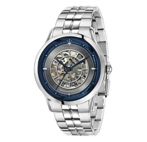 Maserati Ricordo automatic watch with grey skeleton dial, blue bezel, and steel bracelet