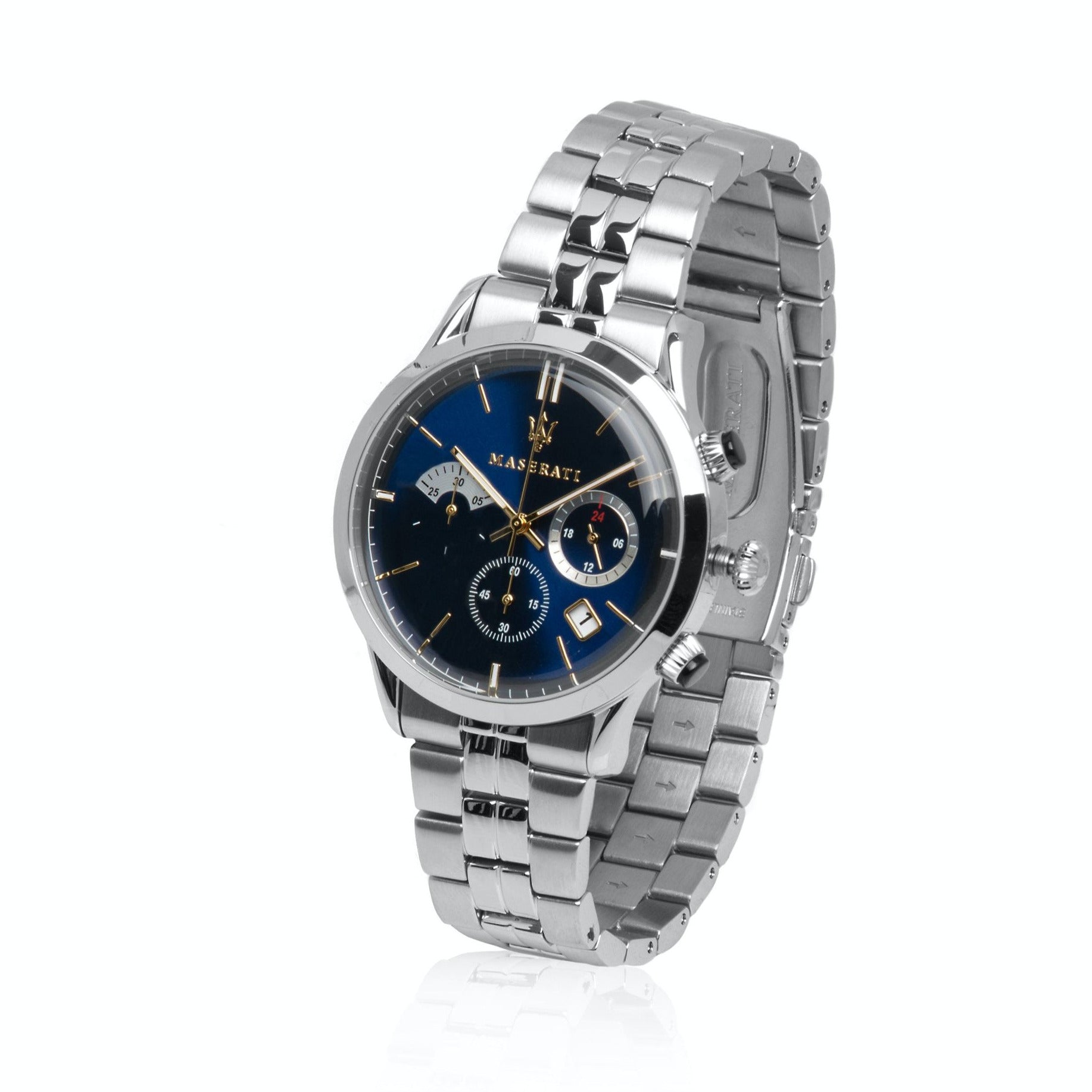 Maserati Ricordo chronograph watch with blue dial and stainless steel bracelet, angled view