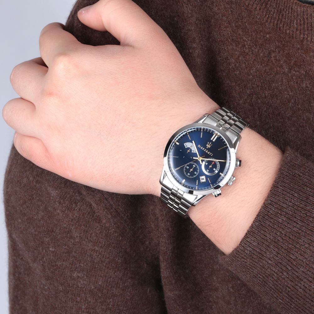 Maserati Ricordo chronograph watch with blue dial worn on wrist with stainless steel bracelet